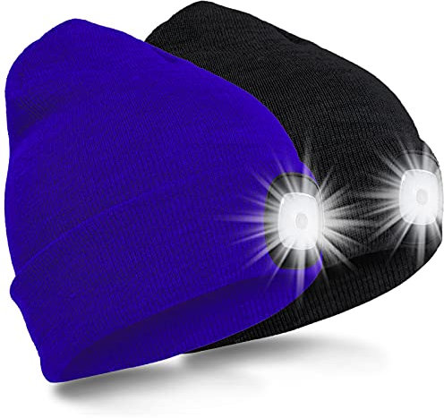 SPGOOD LED Beanie Beleuchtete Mütze mit Licht,Wiederaufladbare USB Winter Warm LED Mütze mit Licht,Lampe Laufmütze für Angeln,Jogger,Camping,Laufen(Schwarz&Blau)