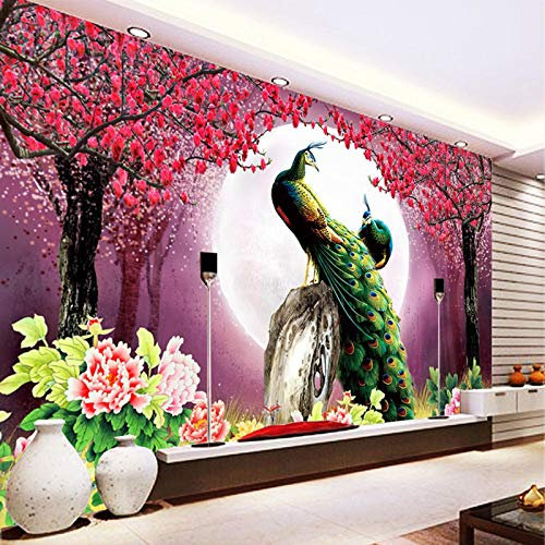 YXTSmurals Art Mural - Self-Adhesive Mural Wall Art Red Trees Peacock Wallpaper Photoposter Decor Living Room Bedroom Children’S Room Murals Wall Decoration