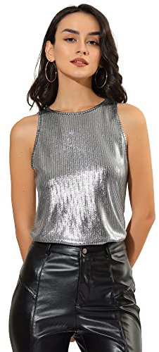 Allegra K Damen-Oberteil, Weihnachten, Kostümparty, glänzend, ärmellos, Camisole, Club, schimmernd, metallisches Tanktop, dunkles silber, M