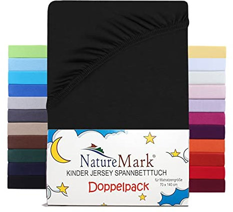 NatureMark 2er Set Kinder Spannbettlaken Jersey, Spannbetttuch 100% Baumwolle, für Babybett und Kinderbett | 70x140 cm - Schwarz