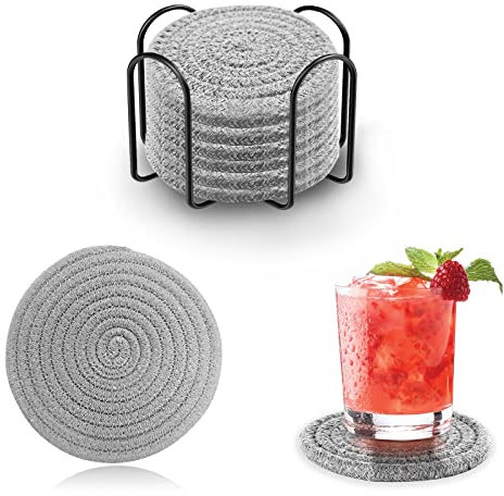 sinzau Drink Coasters Set of 6 with Holder Absorbent Handmade Braided Coasters, Scratch Resistance Decorative Drink Mats Coasters Braided Rope Cup Coasters, Gray