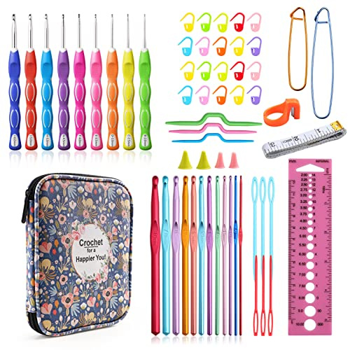 KOKNIT Professionelles Häkelset, 9 Häkelnadeln, ergonomisch, weicher Griff, 14 Aluminium-Häkelnadeln, Set mit Etui, inklusive Häkelzubehör und Zubehör