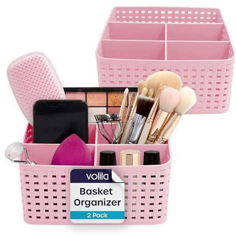 volila Storage Baskets - Pink Plastic Vanity Storage 2 Pack - Makeup Organiser 5-Grid Multi-function Bedroom Skin Care Organiser, Dressing Table Organiser, Bathroom Toiletries Storage Basket