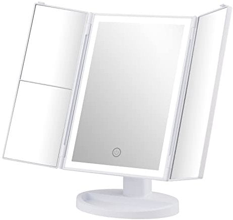 GRIFEMA Specchio per Trucco Trifold con Luce a 32 LED, con Illuminazione, Ingrandimento 3/2/1, Specchio da Tavolo Touch, Regolabile a 180°, USB e Batteria, Bianco