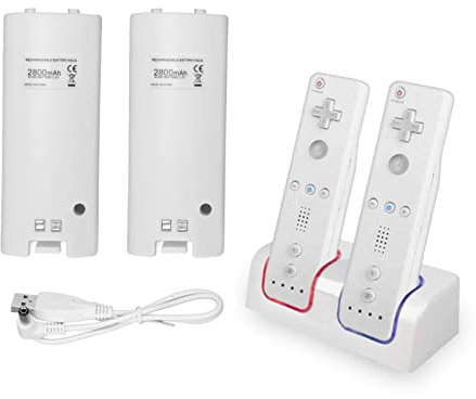 Yunseity Doppelte Ladestation für Wii/Wii U-Fernbedienung, Ladestation mit 2er-Pack 2800-mAh-Akku(Weiß)