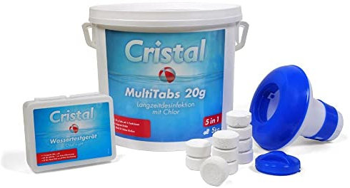 Cristal Multitabs Chlor Cristal - 5 kg - Komplettset mit Wassertestgerät & Chlordosierer - Poolpflege für kristallklares Wasser