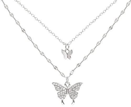 ZAGZIG 925 Sterling Silber Doppelschicht Zirkon Schmetterling Anhänger Halskette für Frauen Mädchen Party Schmuck Geschenk Halsband