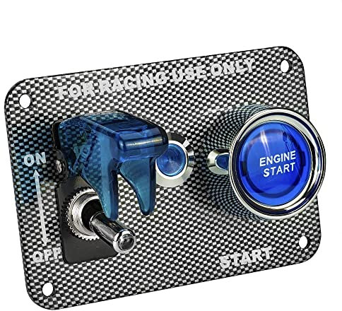Interruptor de encendido para coche de carreras DC12 V, interruptor de fibra de carbono, interruptor de encendido y botón de arranque (azul)