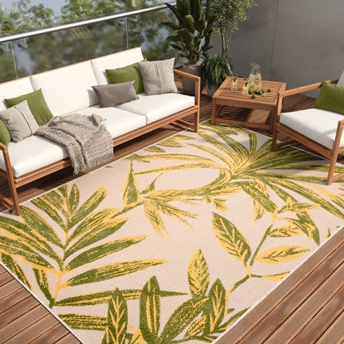 TAPISO Patio Teppich Flachgewebe Indoor Outdoor Creme Grün Gelb Blätter Robust Sisaloptik Wetterfest Wohnzimmer Terrasse Balkon ÖKO-TEX 140 x 200 cm