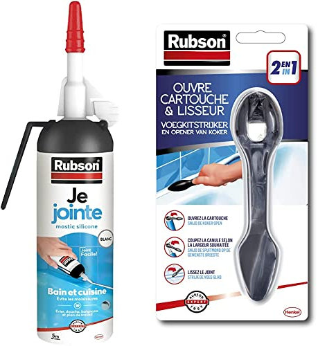 Lot de 2 produits Rubson - Je Jointe Mastic Blanc 100 ml, mastic étanche anti-moisissure en aérosol prêt à l'emploi, mastic silicone durable pour joints sanitaires spécial Bain & Ouvre cartouche et lisseur