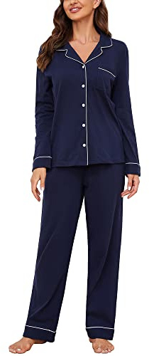 U2SKIIN Women's Pajama Set Long Sleeve 100% Cotton, Soft Ladies Pajamas Lightweight Nightwear Sleepwear Two-Piece Pajama Set (Navy, 2XL)
