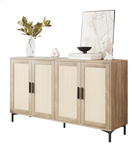 JASIWAY Buffet Cabinet with Storage, 48 Rattan Sideboard with Adjustable Shelves, Modern Coffee Bar Cabinet Console Table with Doors, Credenza for Kitchen, Living Room, Entryway, Dining Room, Wood