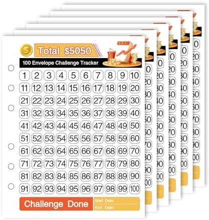 AIERSA 5050 20 Blatt 100 Umschläge Geldsparung Herausforderung Binder Tracker für 6 Ring A5 Ordner, laminierte Spar-Herausforderungs-Tracker-Karten für Geldsparbuch, 5050