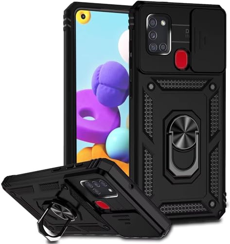 LeviDo Kompatibel für Samsung Galaxy A21S Hülle Silikon mit Slide Kameraschutz Cover Hüllen Case mit Ring Ständer Halter Handyhalterung Auto Magnet Handyhülle Stoßfest Cover, Schwarz