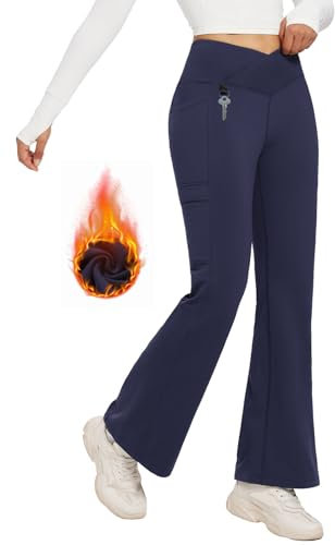 baleaf Pantalon thermique pour femme avec poches, pantalon de randonnée, imperméable, coupe bootcut, pantalon chaud, pantalon d'hiver XS à 2XL, bleu marine, XS