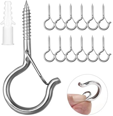 Ruikdly Crochet Inox à Visser 12 Pièces Avec Boucle de Sécurité - Crochet de Plafond en Bois Pour Suspendre Paniers à Plantes, Mangeoires à Oiseaux, Lanternes, Tasses