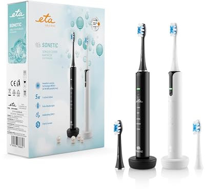 ETA Schallzahnbürsten-Set I Sonetic I 2 x Elektrische Schallzahbürste I Doppelpack I 5 x Reinigungsmodi I 3,7 V Li-Ion-Akku I Timer I IPX7 I 2× Ladeständer I 4 Ersatzköpfe I Schwarz I Weiß