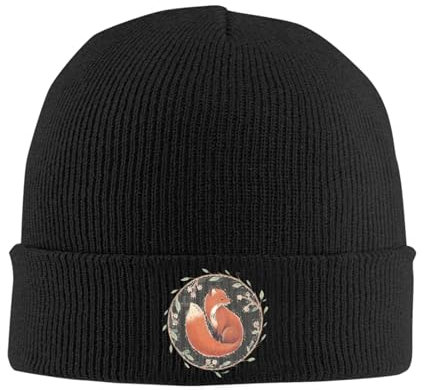 OPSREY Handgemalte Fuchs Gedruckt Warme Strickmütze Neutral Strickmütze Winter Stricken Wollmütze, Schwarz , One size