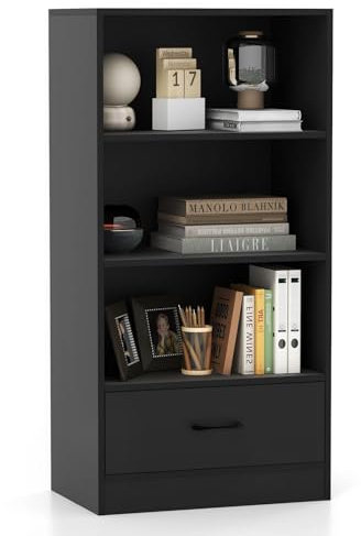 KOMFOTTEU Scaffale in legno a 4 livelli, mobile portaoggetti con dispositivo antiribaltamento, librerie su piedistallo con 1 cassetto, ideale per ufficio, sala studio, soggiorno, nero