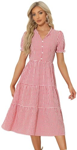 Allegra K Robe à Carreaux Femme Robe Trapèze A-Ligne D'Été Garniture Col en V avec Boutons Décoratifs Robe Midi Vintage à Plusieurs Niveaux Rouge XS