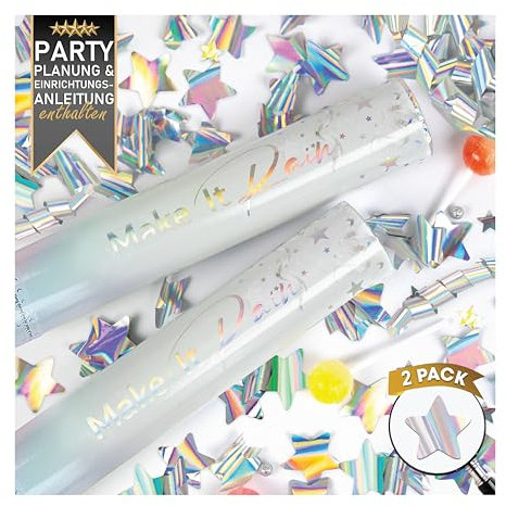 PrimePure Cañones de Confeti - Cañón Confeti de Estrellas Plateadas Holográfica - Pack 2 - Confetti Cannon para Bodas, Fiestas, Cumpleaños y Graduaciones
