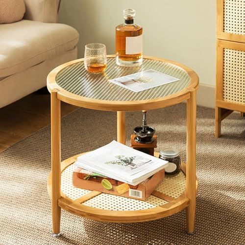 Beistelltisch rund aus Bambus, Sofatisch 2 Ebenen, Couchtisch klein mit Glasplatte, Runder Nachttisch, Kaffeetisch Glas, Wohnzimmertisch, Kleiner Tisch für Wohnzimmer, Schlafzimmer