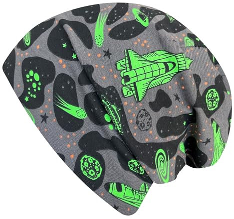 Wollhuhn ÖKO Jungen/Mädchen Bequeme Weiche Long Beanie/Mütze/Beanie-Mütze/Strickmütze/Kindermütze Jersey Gefüttert Übergangszeiten (Öko-Stoffe/Bio) (LB Space Neon Grün, L)
