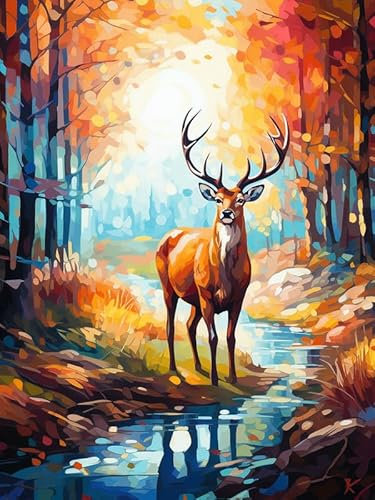Zariocy 5D Diamond Painting Kits Cerf, DIY Peinture avec Diamant Art Paysage D'automne Cristal Diamant Broderie Peintures Arts Artisanat pour Home Office Décoration Murale 30x40 cm