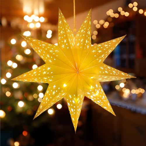 Weihnachtsstern Beleuchtet, 45 cm 3D Faltbarer Papierstern Hängende Weihnachtsstern Beleuchtet, Weihnachtsdeko Innen Papierstern Beleuchtung, Weihnachten Party Stern Lichterkette (Stern)