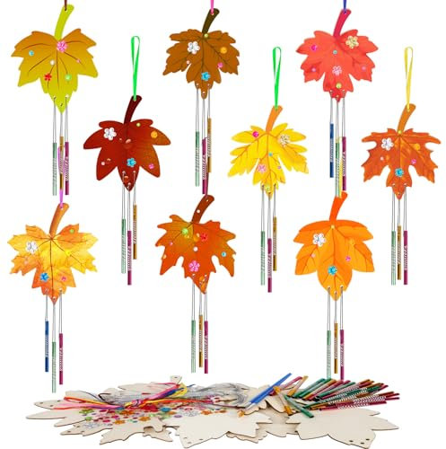 HONMOK 9 Stück Ahornblatt Windspiel Bastelset Herbst Blätter Holz Basteln Kinder Herbstblatt Klangspiel Bastelhandwerk Kreativsets zum Bemalen Geschenk für Jungen Mädchen Erntedankfest Herbst Deko