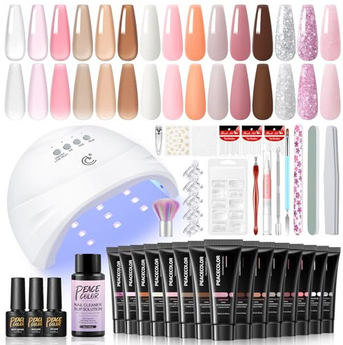 PEACECOLOR 40PCS Poly Extension Gel Nail Kit with Lamp,Gel Set with 15 Colors Poly Extension Pink Nude White,Top Base and Matte Coat,Nail Decoration Basic Manicure Tools,French Manicure Set