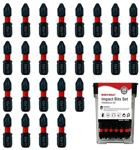 NORTOOLS Set de 25 embouts de tournevis Pozidriv magnétiques en acier S2 - 1  (25 mm) PZ2 antidérapant, tige hexagonale 1/4, résistant à un couple élevé et aux chocs pour perceuses et tournevis ﻿