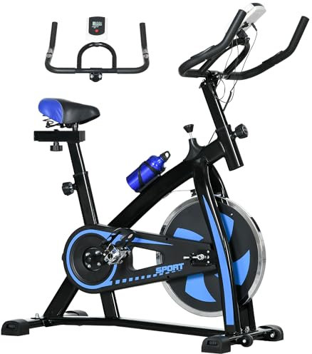 SPORTNOW Vélo d'appartement, vélo de fitness, avec écran LCD multifonctions, guidon et selle réglables, vélo d'intérieur, poids volant inertie 8 kg, acier, noir et bleu