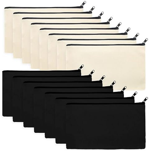 FOGAWA 15 Stück Stoff Federmäppchen DIY Blanko Stoffbeutel zum Bemalen Beige + Schwarz Leinwand Federmäppchen zum Bemalen Klein Kosmetiktasche mit Reißverschluss für Schule DIY-Heimarbeit Büro