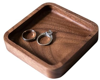 Plateau à bagues carré en bois de noyer de 10,2 cm, organisateur de bijoux en bois, boîte à vaisselle en bois dur