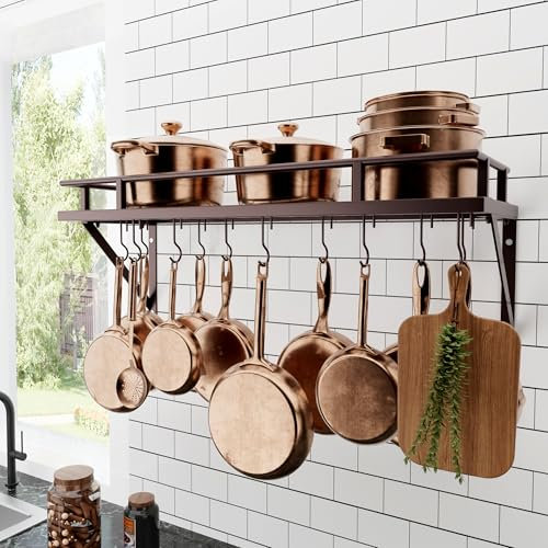 KES Oiled Bronze Pot Rack for Kitchen, 76CM Pan Holder Wall Mounted, Hanging Pot Storage with 12 Hooks for Kitchen Storage and Organization, KUR215S75A-OB