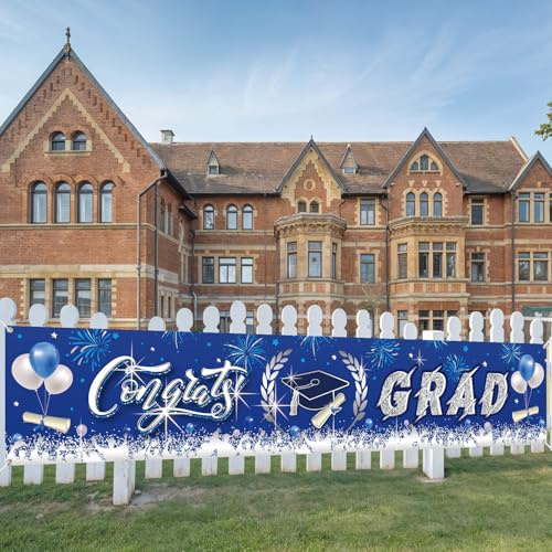 Decoración de graduación, pancarta de graduación 2025, letrero de graduado azul y plateado, decoraciones grandes de fiesta de graduación 2025, telón de fondo para patio de pared interior y exterior