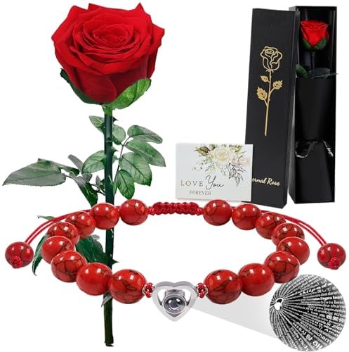 Eternal Red Rose with Stem,Single Real Preserved Bouquet of Flowers,Infinity Forever Rosebox Gift for Mother's Day Valentine's Day Christmas Thanksgiving Mother wife girlfriend Fiancee Anniversary