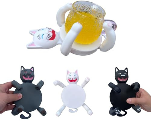 3D Printed Cat Coasters with Moving Legs - Cute Cat Mug Holders for Drinks, Heat Resistant Coasters That Hold the Cup, Pet Lover Gift, Coffee Table Decor，Housewarming Present for pet Owners (white)