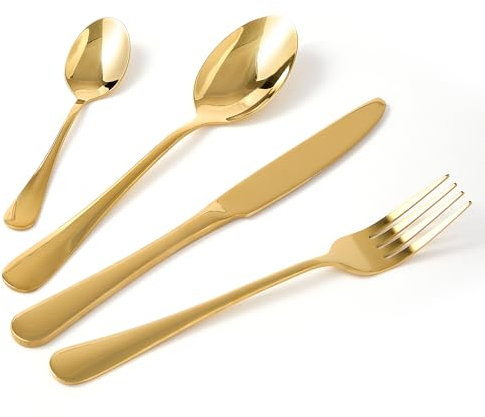 20-Piece Cutlery Set Stainless Steel – Silver, Gold, Rainbow Flatware for 5 People – Includes Spoon, Fork, Teaspoon, Knife – Modern Tableware for Home, Kitchen, Dining, Party Use (20p Classic Golden)
