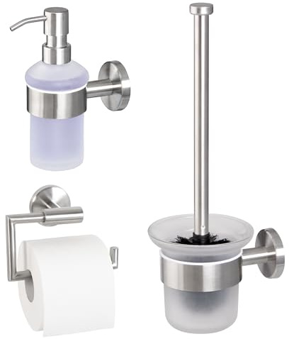 bremermann Bad-Serie Piazza - Badezimmer Zubehör-Set 3tlg. bestehend aus 1x Toilettenpapierhalter 1x WC-Garnitur und 1x Seifenspender, Badaccessoires aus Edelstahl matt