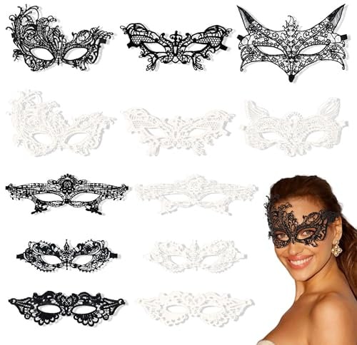 PYSEOSISE Spitze Maske, 12 Stück Maskerade Maske, Schwarz und Weiß Maskenball Spitzenmaske Damen Lace Augenmaske für Halloween Karneval Abendkleid Kostüm Ball
