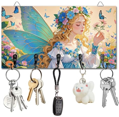 DELORIGIN Fantasy Feen Schlüsselhalter Wandmontage Hölzernes Schlüsselbrett Mit 5 Haken Schlüsselaufbewahrung Organizer Für Wanddekoration Tür Eingangsbereich Küche Neues Zuhause Geschenk