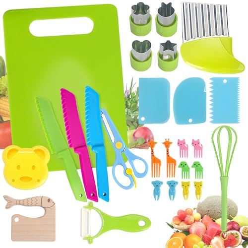 TPVUPC 27 Pièces Couteau Cuisine Enfant, Ustensiles de Cuisine Enfant en Plastique, Couteaux Montessori, Kit Couteau sécurité de Cuisine pour Enfants pour Couper et Cuisiner des Fruits ou des Légumes