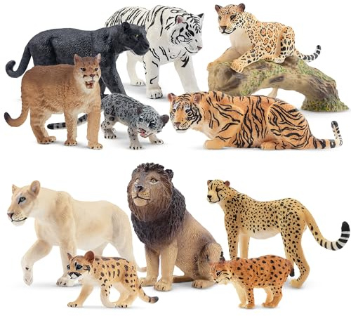 TOYMANY Set di 12 personaggi di animali della giungla e tronco dell'albero | Statuette realistiche di leoni, tigre, ghepardi e leopardi, in plastica, zoo, giungla, foresta, idea regalo per Natale e