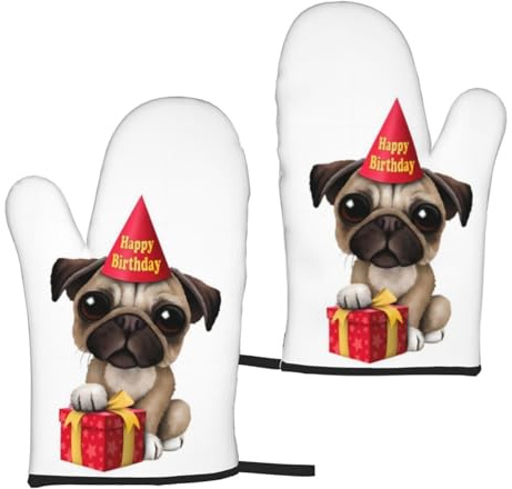 QGWDYYJQ Simpatico Happy Birthday Pug Puppy guanti da forno stampati guanti da cucina guanti da forno
