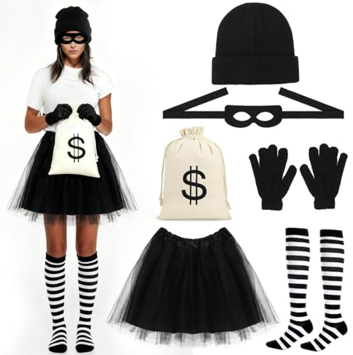 HUKUMA Bankräuber Kostüm Damen, Dieb Kostüm mit Tüllrock Hut Handschuhe Augenmaske Kniestrümpfe Geldbeutel, Räuber Zubehör für Karneval Halloween Cosplay