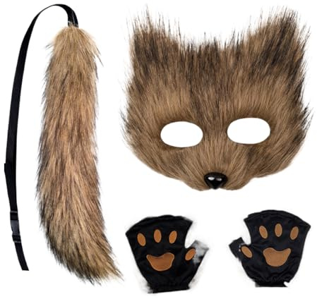 laxreheye Maske für Gesicht und Fuchsschwanz – Kostüm Halloween Cosplay Verkleidungsset Lustiges Tier – für, Mädchen, Jugendliche, Erwachsene, Party, Maskerade, Karneval, Event
