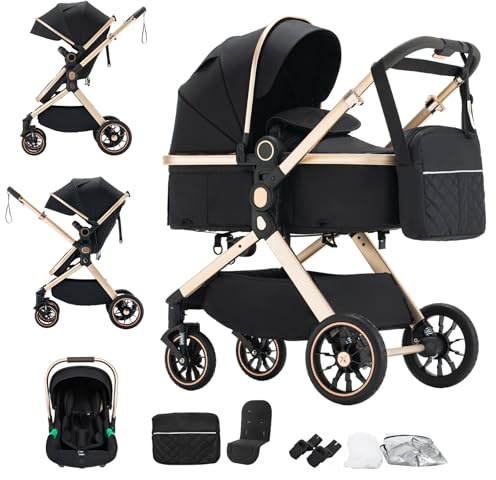 BEBBY 3-in-1 Kinderwagen KombiKinderwagen-Set 2-in-1 Buggy faltbar Luxus Hochlandschaft Neugeborenes Tragbarer Zusammenklappbarer Kinderwagen Travel System (U9-X-BLACK, U9-X)