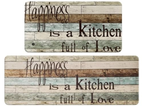 2 Pcs Anti-Fatigue Kitchen Mat Set, Memory Foam Cushioned Floor Mats, Waterproof Non-Slip Rugs for Kitchen, Office, Laundry, Teal, Farmhouse Style, Thanksgiving